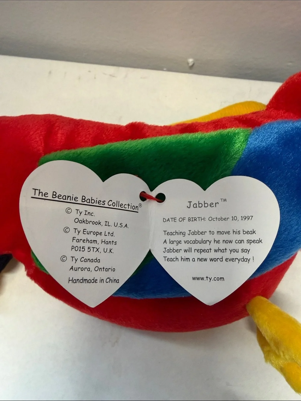 NWT Ty Multicolor Jabber the Parrot Plush Beanie Baby - Red, Green, Blue, Yellow